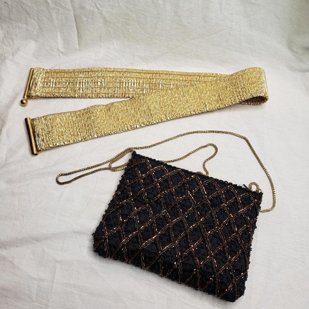 Vintage Gold Stretch Belt M-L and Beaded Bag